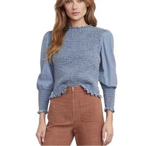 Veronica Beard Idony Smocked Chambray Top Cotton Blend Size 6 Light Indigo Blue